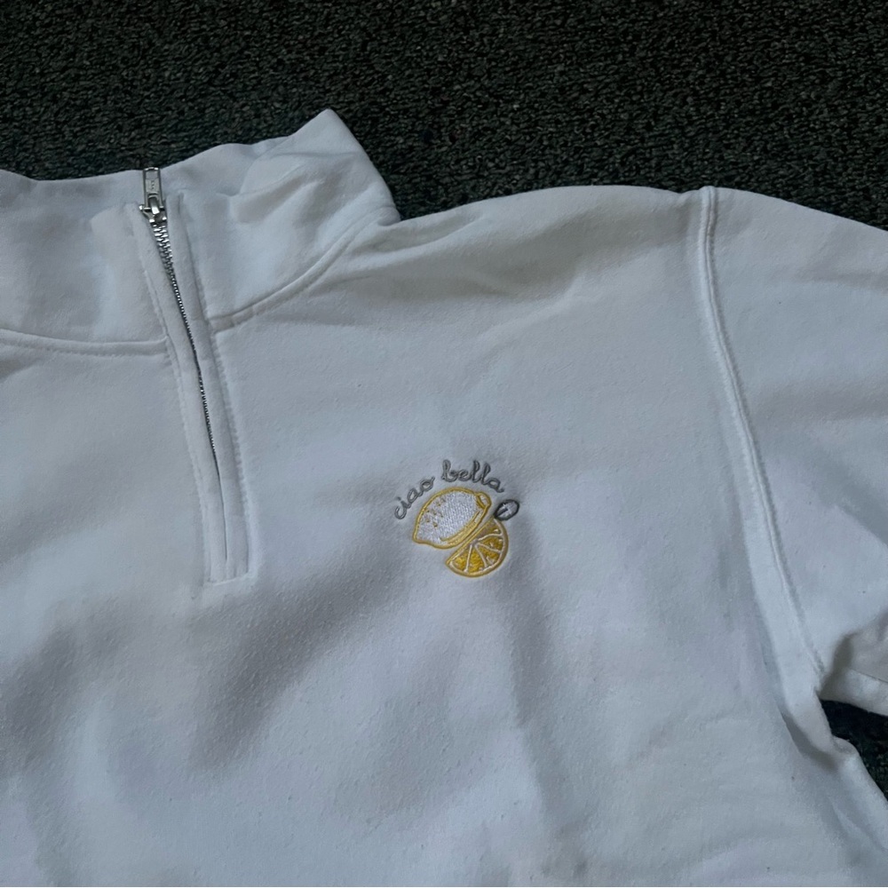 White Embroider Ciao Bella Milan Italy Half-Zip Baggy Oversize 50% Cotton Sweate